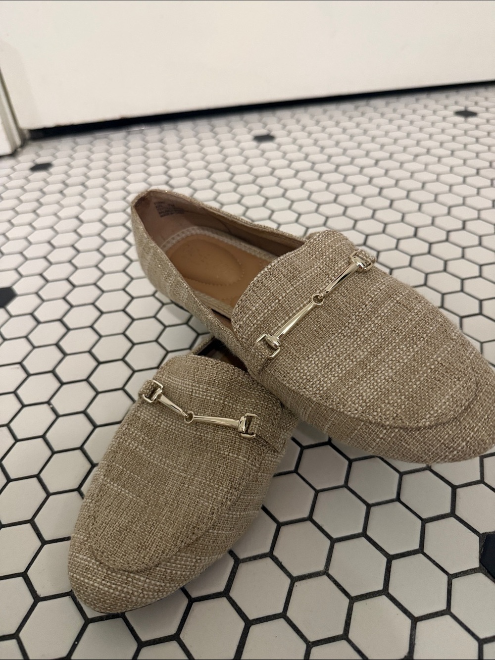 Rachel Zoe Beige Tweed Slip-On Loafers with Gold Bit